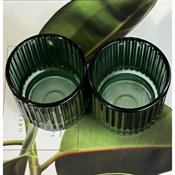 Ribbed Glass Votive Candle Holder Set of 2 Emerald Green Round Home Decor - Picture 5 of 15
